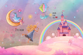 Decorative wall design with enchanted castle and fantasy scenery for a kids bedroom.
